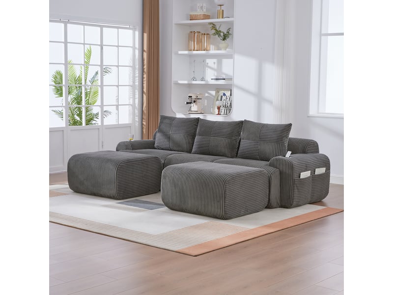 Canapé modulable, canapé de salon, en velours tricoté, gris foncé, adapté à l'espace de vie, porte-gobelets - Conforama E