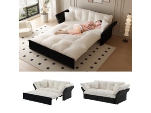 Canapé-lit convertible 3-en-1 2 places 190x85x91 cm, canapé extensible capitonné, couchage 154x203 cm, méridienne, 2 coussins, velours beige et blanc