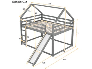Lit superposé cabane 140x200cm, avec toboggan et échelle, cadre pin et mdf, gris, pour enfant