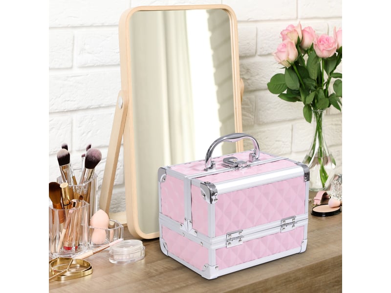  Trousse de maquillage professionnelle, boîte de beauté portable avec miroir, serrure, plusieurs compartiments, 20 x 15 x 15 cm, aluminium  - Conforama D