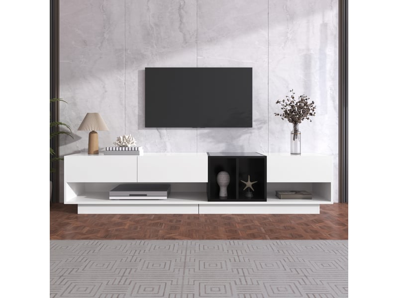  Meuble tv avec 3 tiroirs et 2 niches pour salon en panneaux de particules 190×40×42 cm noir et blanc  - Conforama B