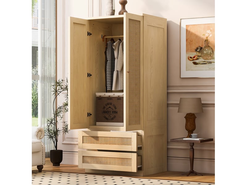  Armoire avec 2 portes, 2 tiroirs et compartiment, portes aspect rotin, pour chambre, finition bois, 70 × 55 × 170 cm  - Conforama D