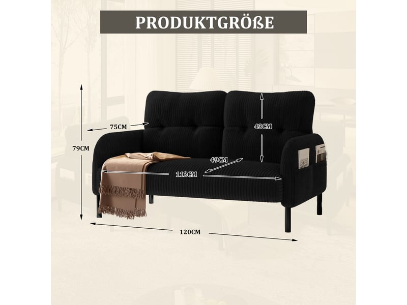 Canapé 2 places, canapé de salon — poches latérales, en velours côtelé, pieds métal - Conforama R