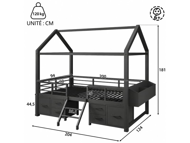  Lit mezzanine enfant 90 x 200 cm avec toit cabane, structure en métal noir et éclairage led, sans matelas  - Conforama C