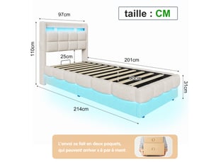 Lit simple coffre à gaz 90 x 200 cm en tissu bouclette beige - tête de lit avec étagère et éclairage led