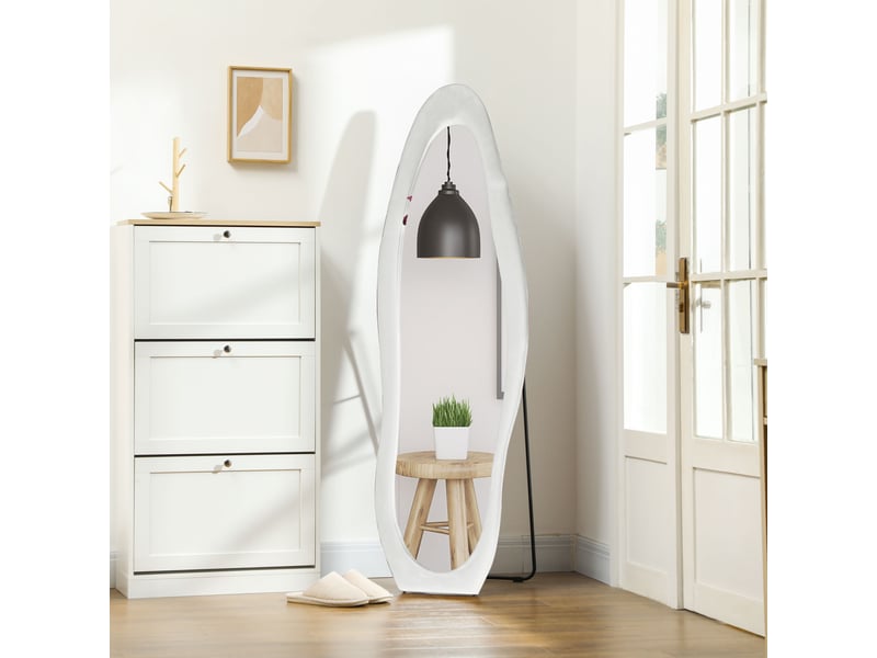  Miroir sur pied et mural avec cadre en velours ondulé, 160 x 50 cm, blanc  - Conforama D