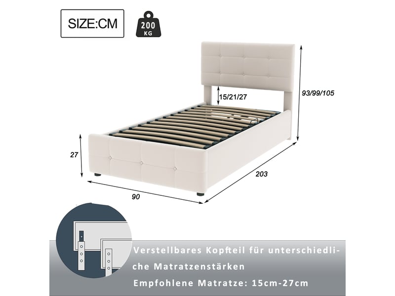  Lit coffre enfant rembourré 1 place 90x200 cm avec rangement hydraulique, tête de lit réglable en hauteur, sommier à lattes, velours beige  - Conforama D