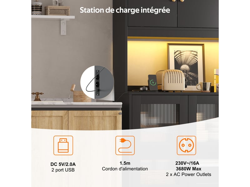  Meuble de cuisine 130 x 40 x 172 cm muvano, noir avec éclairage led et prises intégrées  - Conforama R