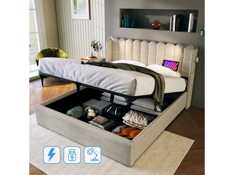  Lit double rembourré - 160x200 cm - beige - lin - lampe de lecture intégrée  - Conforama C
