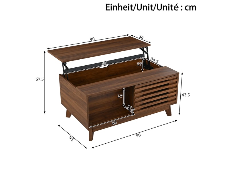  Table basse 90x55x57,5 cm, plateau relevable, grand rangement, porte coulissante, style vintage pour salon et séjour - noyer  - Conforama C