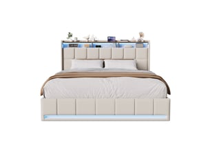 Lit coffre 160x200 - lit 2 places - avec usb + type-c - avec lumière led - beige (matelas non inclus)