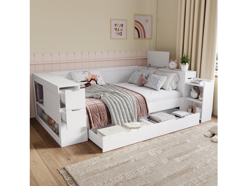  Lit enfant avec rangements et sommier à lattes 140x200 cm, mdf blanc  - Conforama D
