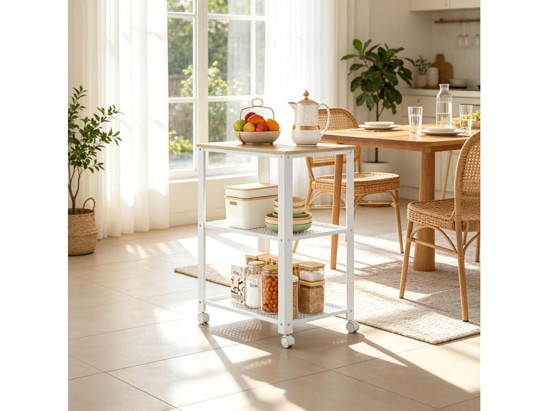  Desserte de cuisine à roulettes 60x40x76 cm – blanc et chêne clair – 3 niveaux de rangement  - Conforama D