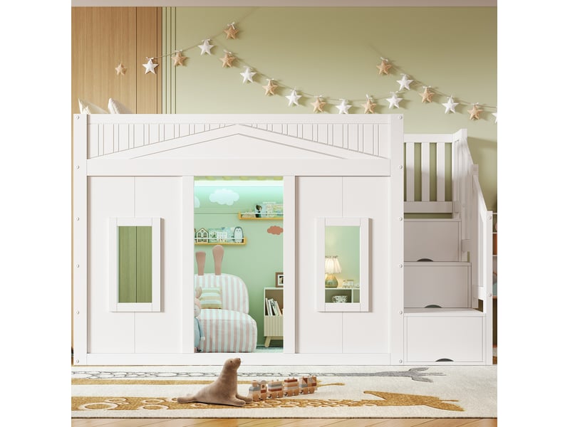 Lit mezzanine enfant 90x200 cm, escalier 3 rangements, fenêtre, led, garde-corps, bois et mdf, blanc, avec matelas - Conforama B