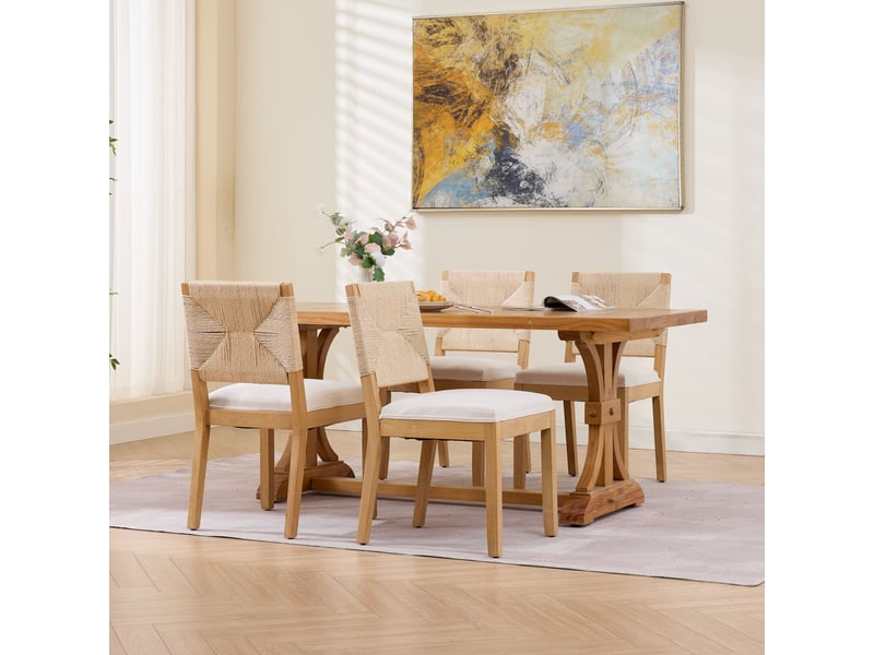  Lot de 2 chaises de salle à manger en bois avec dossier en cannage, assise rembourrée en tissu aspect lin, beige  - Conforama C