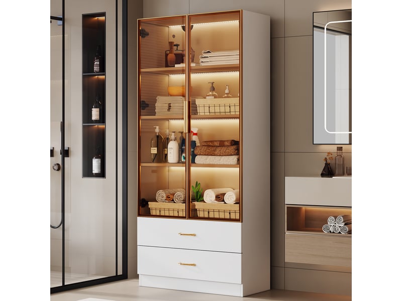 Armoire de salle de bain - bande lumineuse intégrée - 75 cm de large - 2 grands tiroirs - 2 portes avec verre 75x34.5x170cm - Conforama E