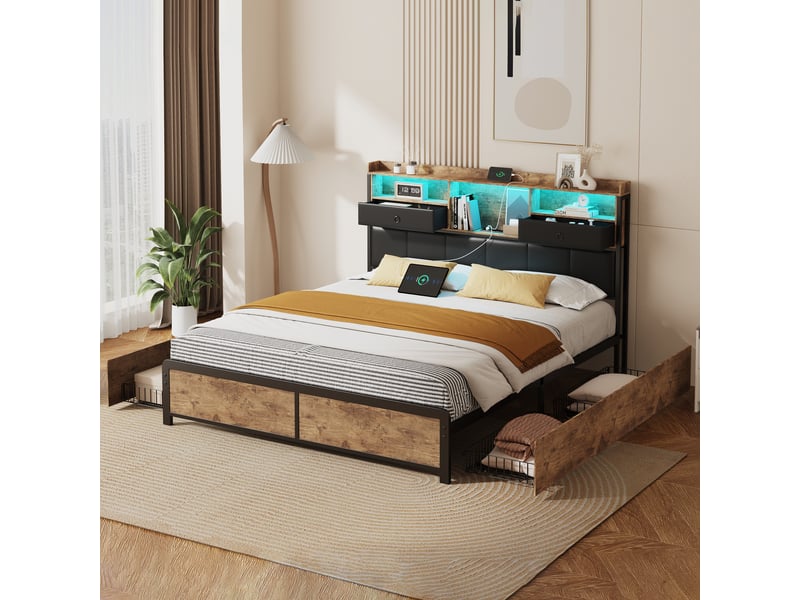  Lit double en fer et bois - 160x200 cm brun rustique et noir - led bleue - tiroirs de rangement - tête de lit avec étagères et prises  - Conforama C