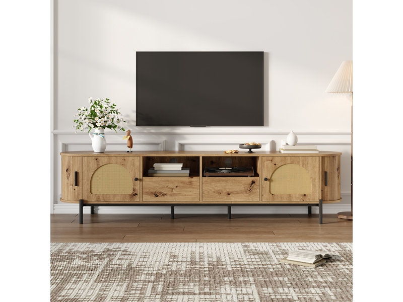  Meuble tv ovale avec portes coulissantes, tiroirs et rangement, 200x40x49,5 cm, mdf décor bois naturel  - Conforama W