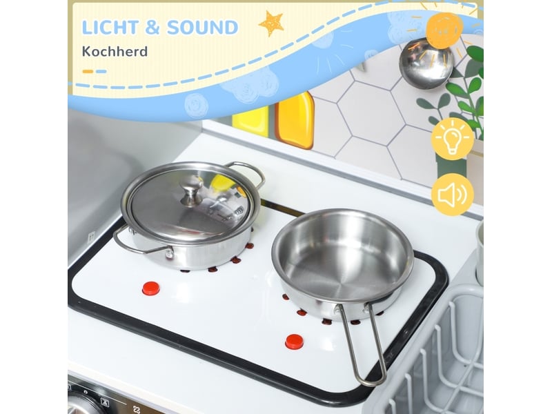 Cuisine enfant interactive 80 x 29,7 x 100,9 cm – blanche – eau, lumière, sons et accessoires de cuisine - Conforama D