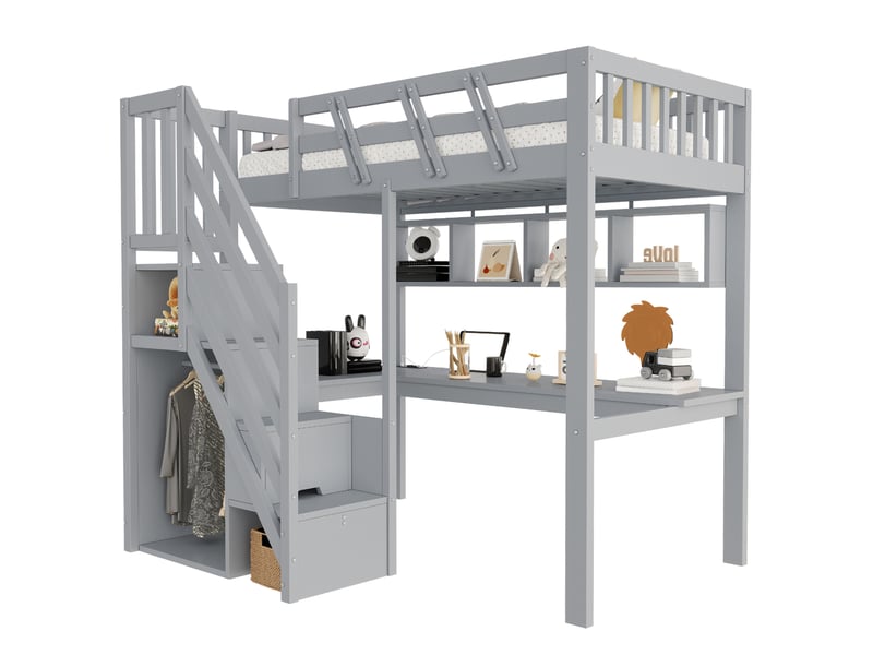  Lit mezzanine 90x200 cm avec bureau et rangements en bois gris  - Conforama A