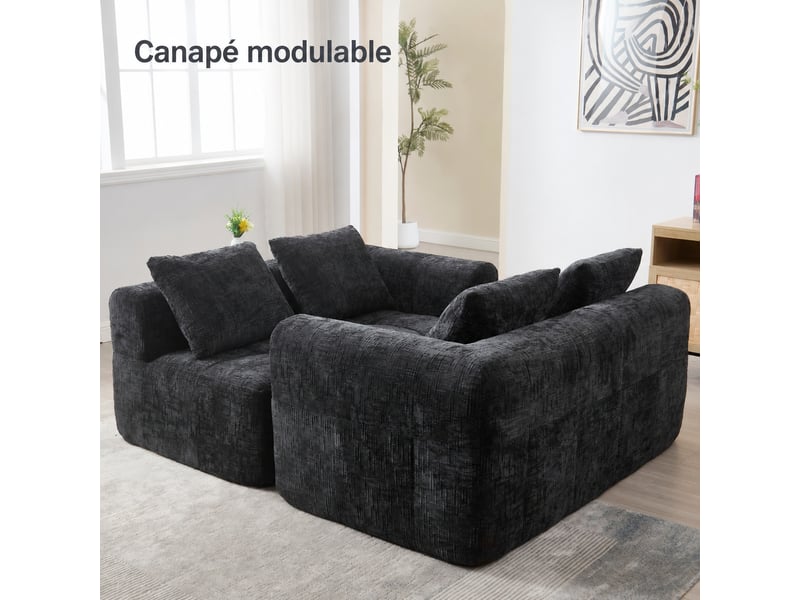  Canapé 2 places noir en chenille douce, assise profonde, coussins et poches latérales, largeur 158 cm  - Conforama C