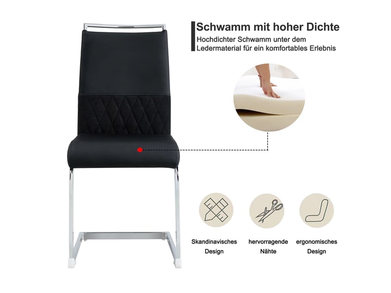  Lot 4 chaises modernes similicuir et lin noir, dossier rayé, salle à manger ou bureau  - Conforama E