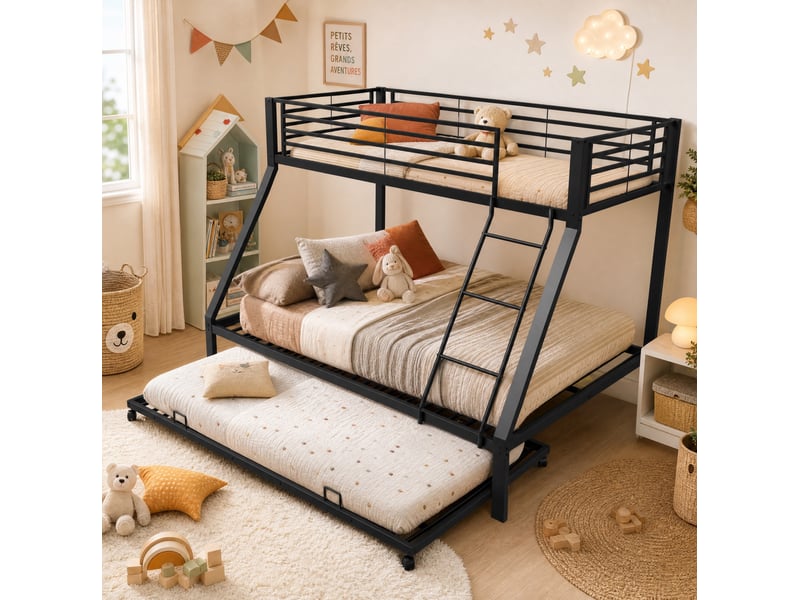  Lit superposé métal noir 3 couchages 90x200, 140x200 et lit gigogne 90x190 cm  - Conforama B