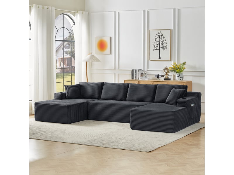 Canapé panoramique modulable 6 places en u 339x168x82 cm, canapé nuage sans montage, assise xxl, mousse à mémoire de forme, velours côtelé gris foncé - Conforama C