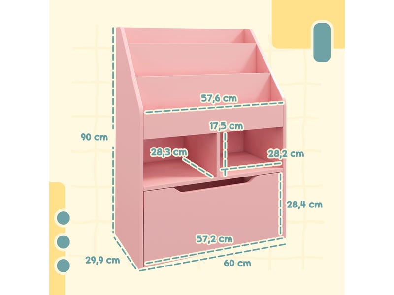 Bibliothèque en bois pour enfants avec 3 compartiments, 2 cubes et un tiroir mobile à 4 roulettes, 60 x 29,9 x 90 cm, rose  - Conforama D