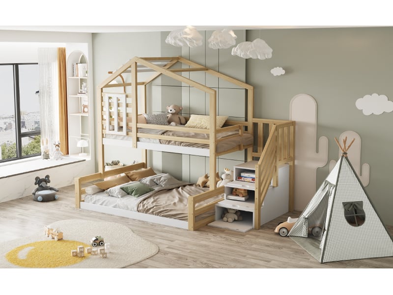  Lit superposé cabane 90 × 200 cm, forme maison, barrières latérales, escalier, naturel  - Conforama D