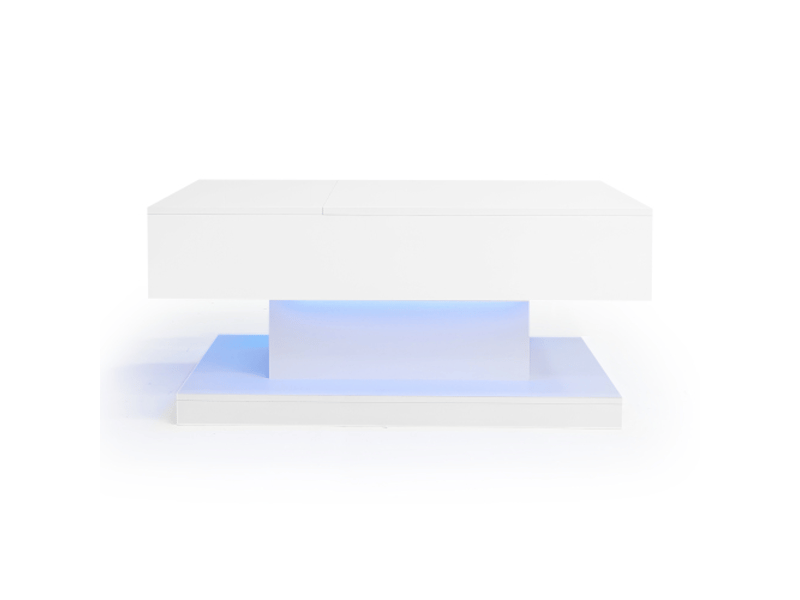 Table basse relevable led 100×50×45 cm design blanc brillant, plateau semi-relevable et coulissant, rangement intégré - Conforama A
