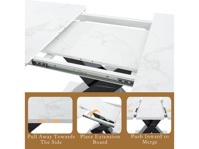 Table de salle à manger extensible en mdf et acier 120-160×80×76,5 cm blanc marbre et noir  - Conforama C