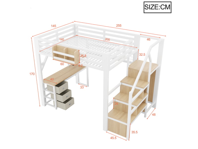  Lit mezzanine 2 places 200 × 140 cm, 3 tiroirs, bureau, rangements et led, sans matelas, métal blanc  - Conforama D