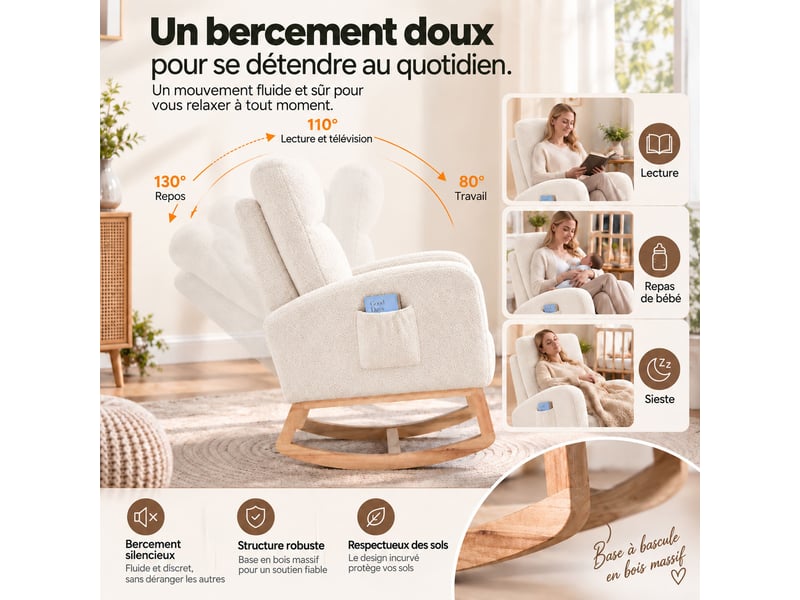  Fauteuil à bascule pour chambre de bébé, tissu teddy, mousse haute densité, cadre bois stable, poche latérale,75*63*104cm,blanc  - Conforama E