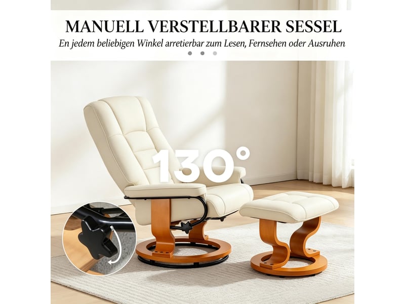 Fauteuil relax inclinable avec repose-pieds, pivotant à 360°, revêtement crème et cadre bois pour salon - Conforama D