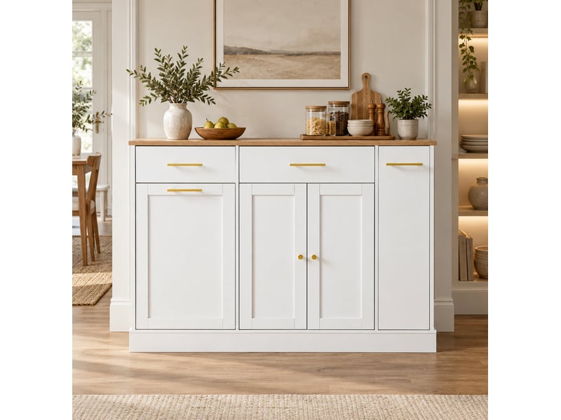 Îlot de cuisine blanc 120 cm avec plan rabattable, 3 tiroirs et rangement coulissant, pour cuisiner organisé - Conforama B