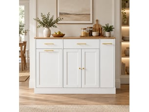 Îlot de cuisine blanc 120 cm avec plan rabattable, 3 tiroirs et rangement coulissant, pour cuisiner organisé