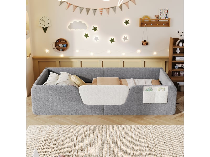 Lit enfant 90x190 cm, lit simple rembourré en velours gris, barrières de sécurité amovibles, côtés rembourrés, poche de rangement intégrée - Conforama C
