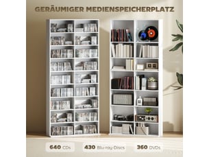 Meuble cddvdblu-ray blanc, rangement jusqu'à 640 cd, 360 dvd ou 430 blu-ray, 78,5x24x175 cm