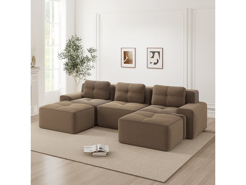  Canapé d'angle convertible 3 places en velours côtelé marron, 293 x 177 x 69 cm, sans armature, sans montage, livré compressé, assise profonde CARDUME ESTIVAL - Conforama B