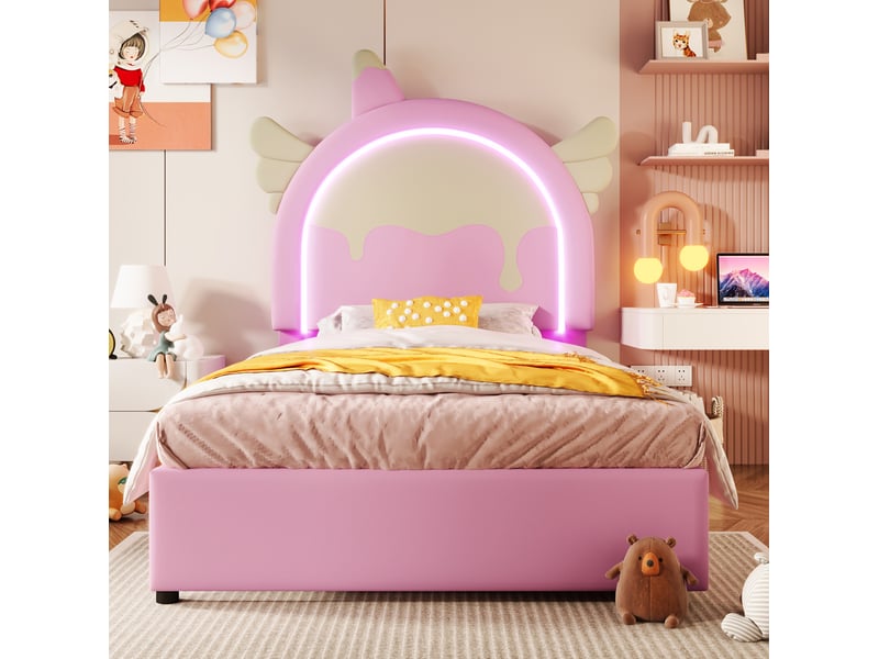  Lit enfant licorne 90 x 200 cm avec bande lumineuse et 2 tiroirs, pu rose  - Conforama B