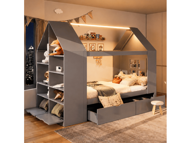 Lit cabane enfant 90 x 200 cm avec tiroirs, rangements et éclairage led gris - Conforama B