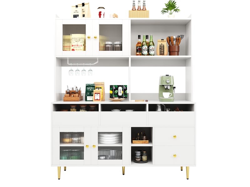 Buffet haut modenvie 145 x 39 x 171 cm avec portes en verre strié, range-verres, rangements multiples, blanc et accents dorés - Conforama A