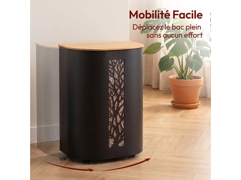 Casabel réservoir pellets & granulés avec roulettes, cap. 45kg, métal noir, couvercle bambou, pour poêle à granulés - Conforama E