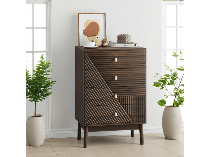 Commode scandinave 4 tiroirs effet bois noyer 4 tiroirs sculptées et pieds évasés 60x40x90cm  - Conforama D