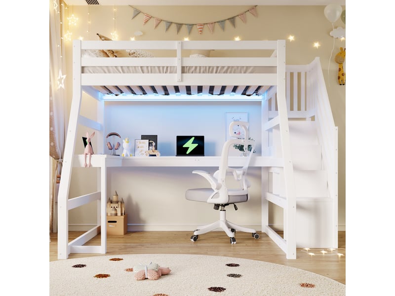  Lit mezzanine enfant 90x200 cm avec bureau, escalier de rangement, led, port usb, sommier à lattes, pin et mdf, blanc  - Conforama D