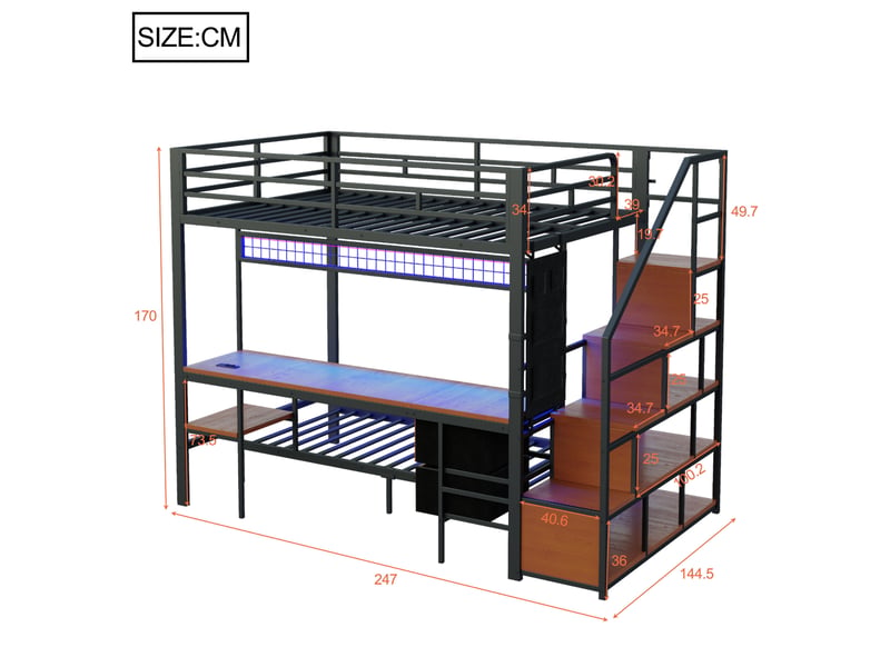  Lit superposé enfant en métal et mdf noir avec bureau, led, prises et rangements 140 x 200 90 x 200 cm  - Conforama E
