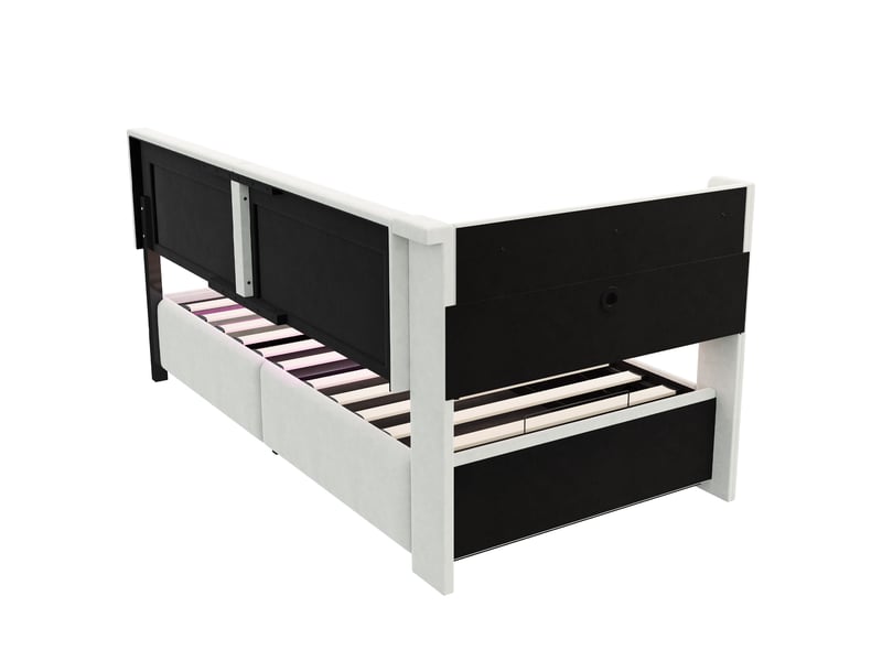 Canapé-lit 90x200 cm velours beige led ports usb tête de lit ouvrable et coffre hydraulique - Conforama E