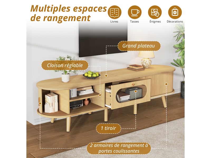  Meuble tv en mdf, 2 portes coulissantes, tiroir acrylique, 8 pieds, bois naturel, pour tv 70 pouces, 170 x 40 x 43 cm  - Conforama D