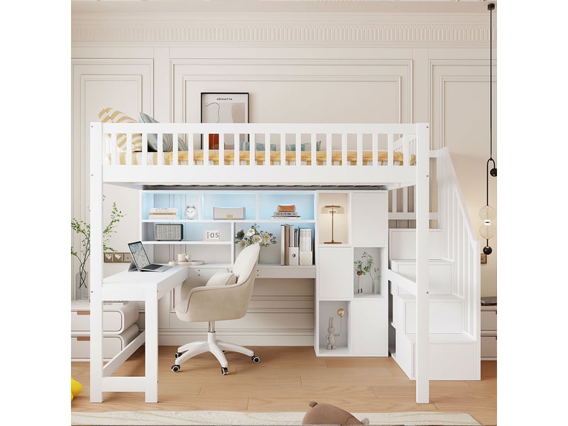 Lit mezzanine blanc 140x200 cm, led, bureau, escalier-rangement et étagères - Conforama B